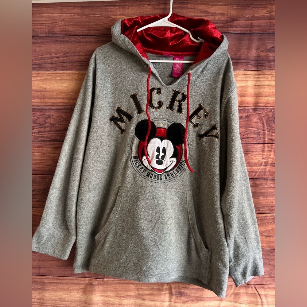 Disney Mickey Mouse Athletics Grey Fleece Hoodie Red Velvet Hood Womens 2X Plus